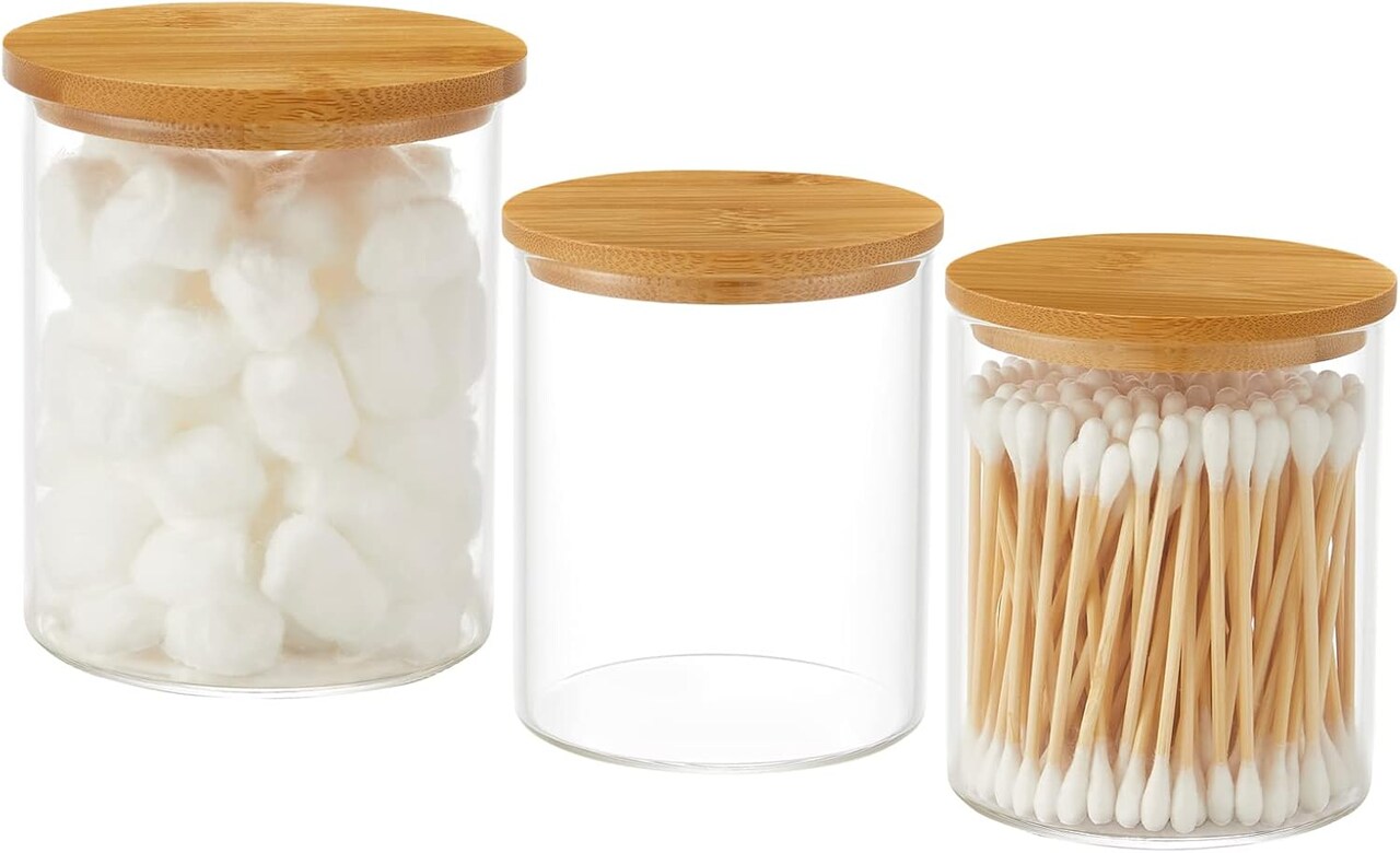 3-Pack Glass Q-Tip Holders – Clear Apothecary Jars for Cotton Swabs, Balls & Bathroom Storage (20oz & 11oz)